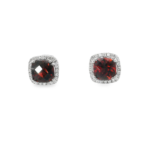 14K Gold Diamond And Garnet Halo Earrings