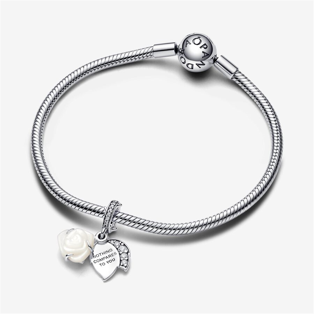 Pandora Moments White Rose in Bloom Double Dangle Charm
