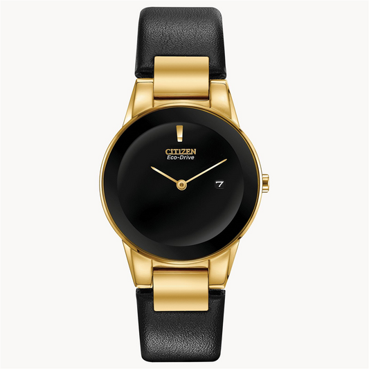 Citizen Ladies'  Eco-Drive Axiom Gold-Tone Black Leather Strap Watch