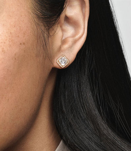Pandora Timeless Silver And 14K Gold Square Sparkle Halo Stud Earrings