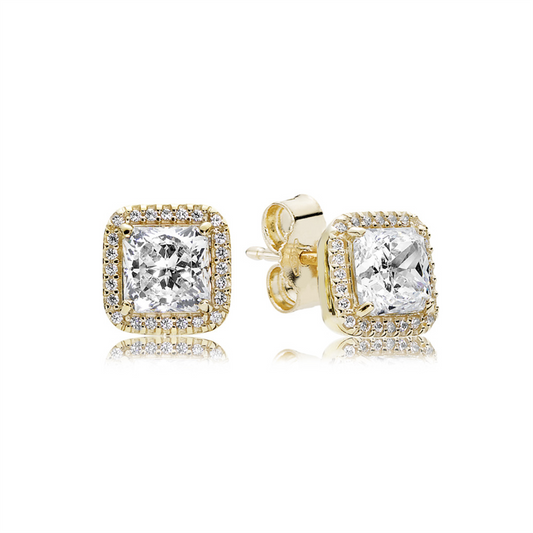 Pandora Timeless Silver And 14K Gold Square Sparkle Halo Stud Earrings