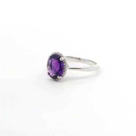 14K White Gold Diamond & Amethyst Oval Shaped Fashion Ring