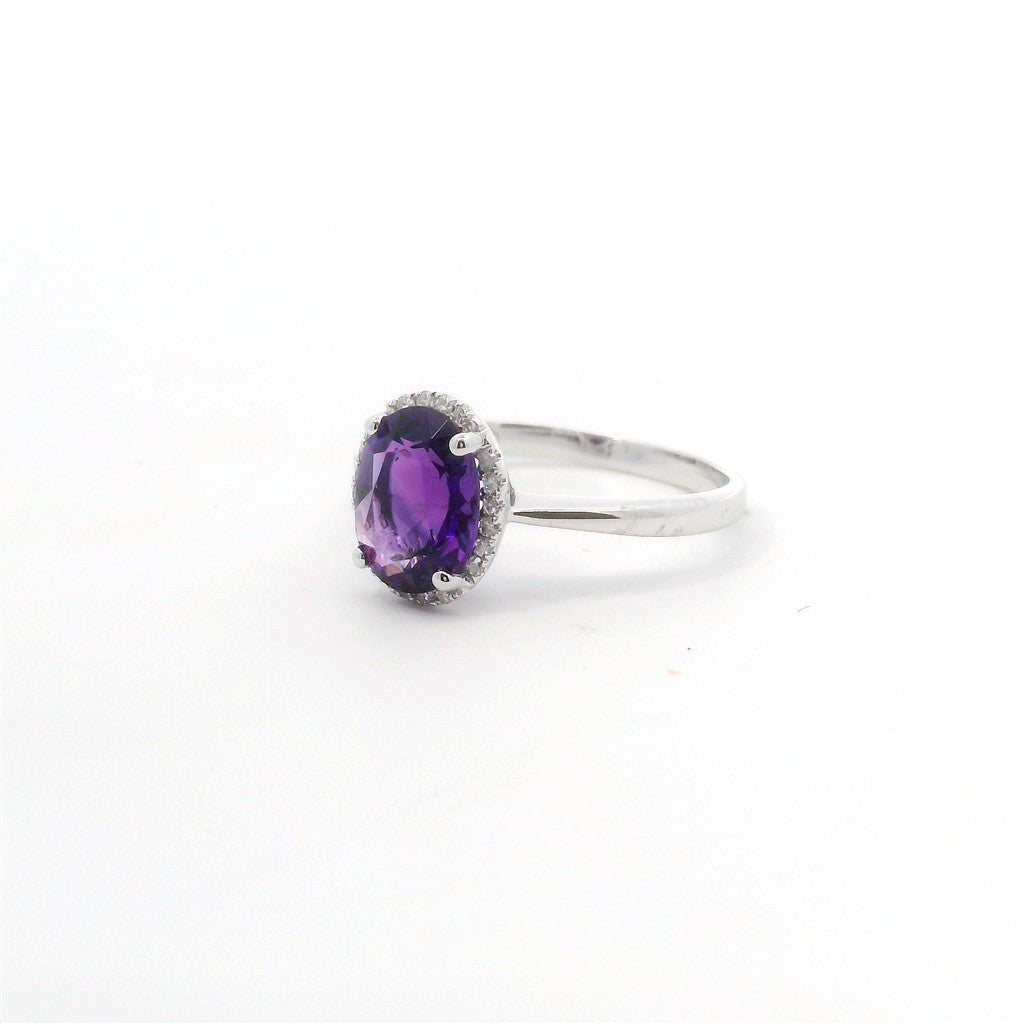 14K White Gold Diamond & Amethyst Oval Shaped Fashion Ring