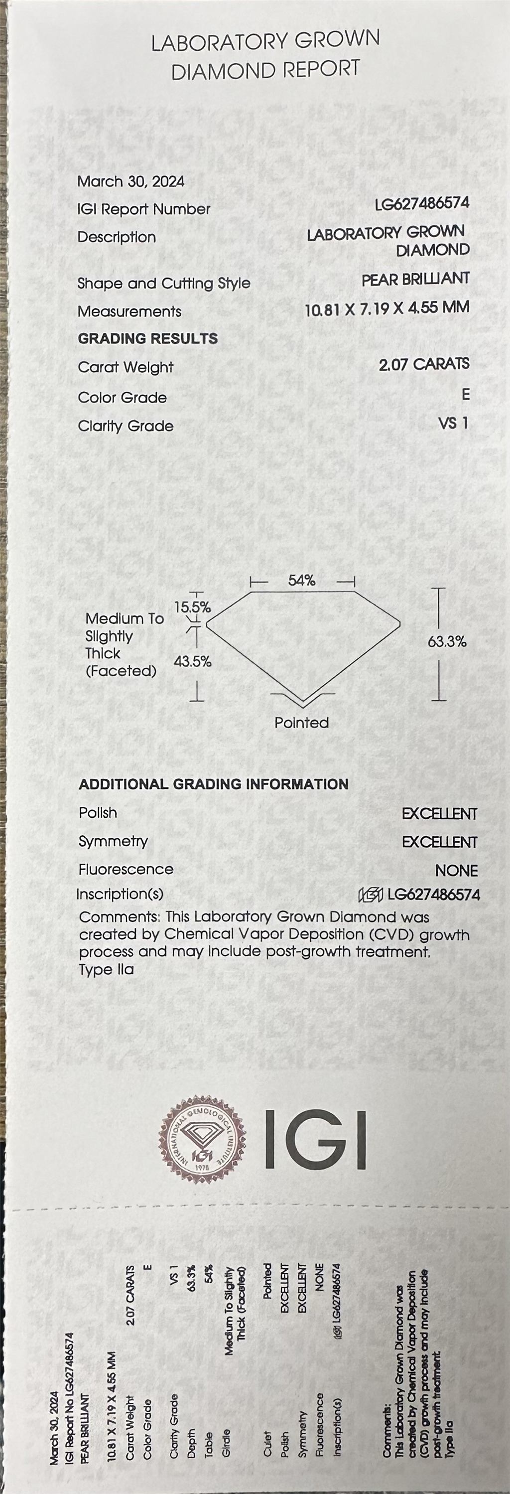 2.07 Ctw E Vs1 Lab Grown Pear-Shaped Diamond