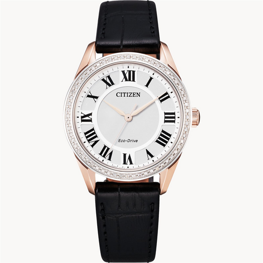 Ladies' Citizen Eco-Drive Arezzo Diamond Black Leather Strap Watch