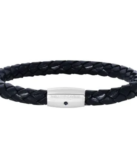Woven Black Cow Leather Bracelet With Sapphire And Sterling Silver Barrel Clasp 8"