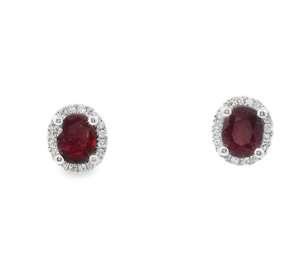 14K White Gold Diamond And Oval Shaped Ruby Earrings