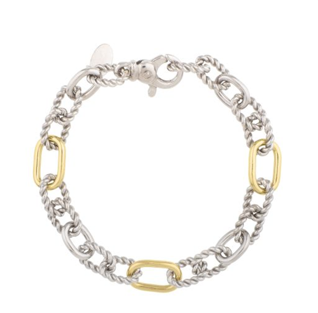 Sterling Silver And 18K Yellow Gold Oval Alternating Link Italian Cable Bracelet 7.5"