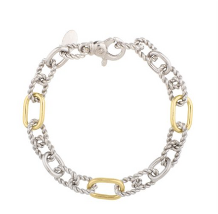 Sterling Silver And 18K Yellow Gold Oval Alternating Link Italian Cable Bracelet 7.5"