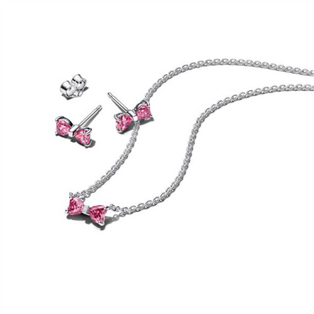 Pandora Sparkling Pink Bow Stud Earrings and Pendant Necklace Gift Set