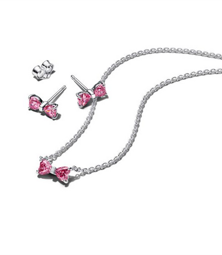 Pandora Sparkling Pink Bow Stud Earrings and Pendant Necklace Gift Set