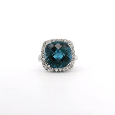 14K White Gold Diamond & London Blue Checkerboard Cushion Cut Fashion Ring