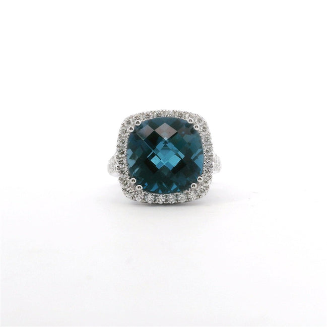 14K White Gold Diamond & London Blue Checkerboard Cushion Cut Fashion Ring