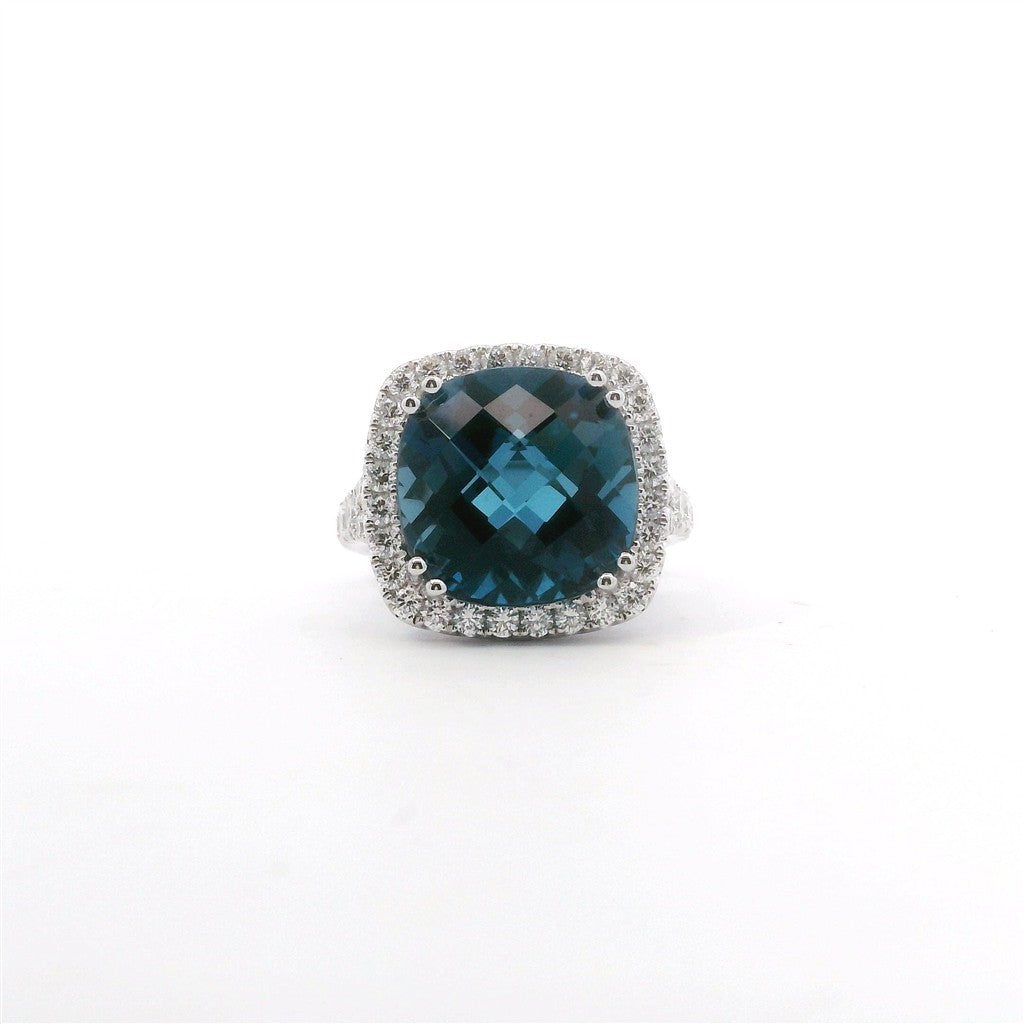 14K White Gold Diamond & London Blue Checkerboard Cushion Cut Fashion Ring
