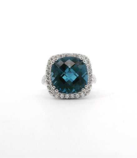 14K White Gold Diamond & London Blue Checkerboard Cushion Cut Fashion Ring