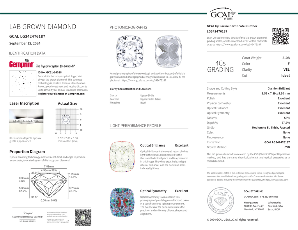 Brilliant Cut 3.08 Ctw F Vs1 Lab Grown Diamond