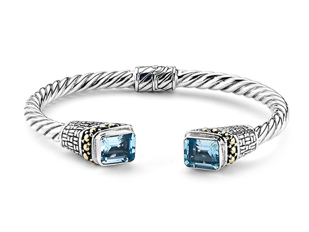 Samuel B Silver And 18K Gold Twisted Emerald Cut Blue Topaz Bangle Bracelet