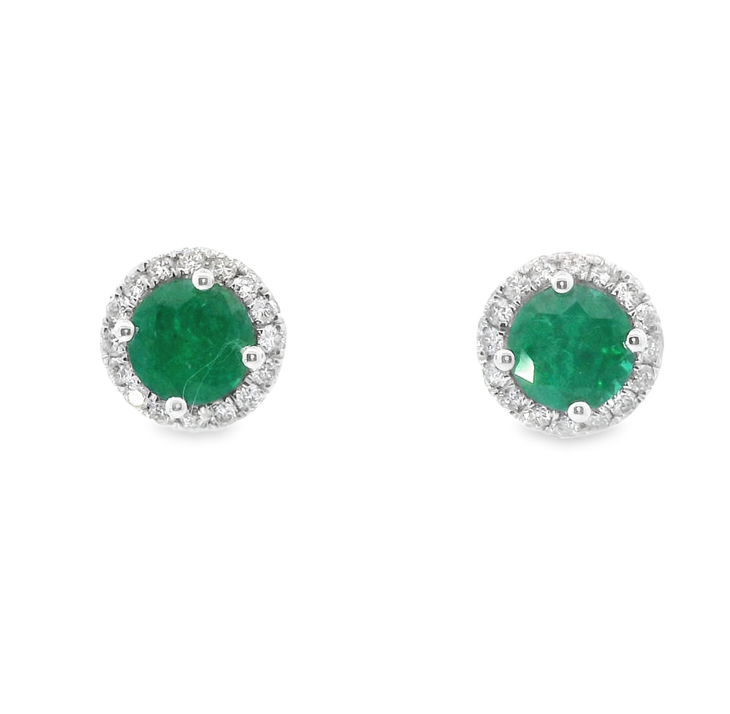 Ladies 14K White Gold Emerald And Diamond Round Earrings