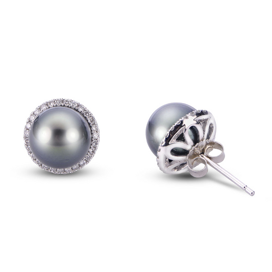 Imperial Pearl 14K White Gold Tahitian Pearl And Halo Diamond Earrings