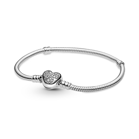 Pandora Disney Mickey Mouse Heart Clasp Snake Chain Bracelet Size 21