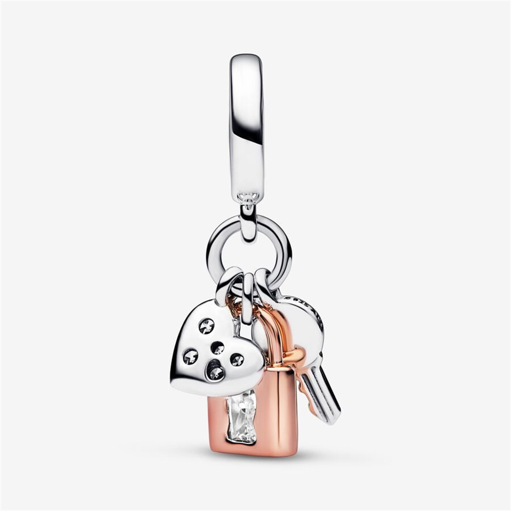 Pandora Moments Two-Tone Key, Padlock & Heart Triple Dangle Charm