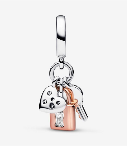 Pandora Moments Two-Tone Key, Padlock & Heart Triple Dangle Charm