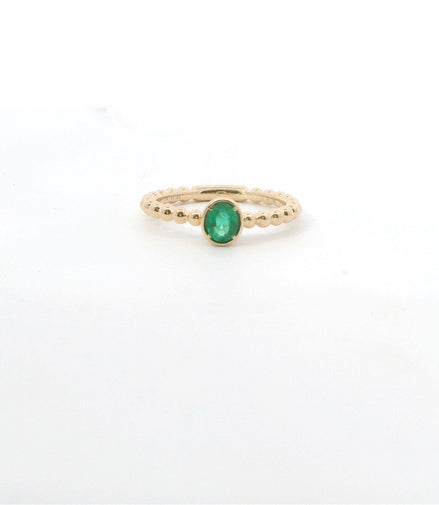 14K Yellow Gold And 0.35 Ct Oval Shaped Emerald Beaded Stackable Fashion Ring