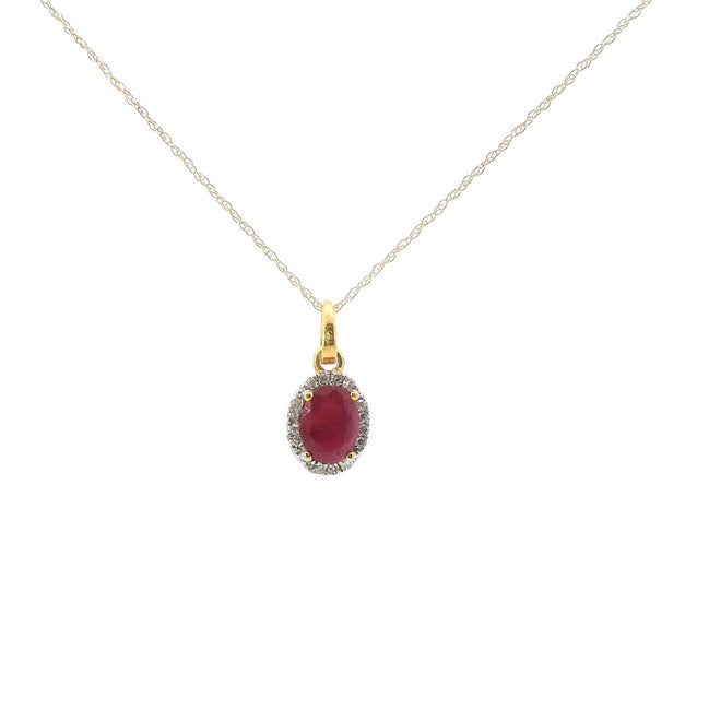 14K Yellow Gold Diamond And Ruby Oval Halo Pendant Necklace