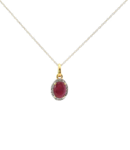 14K Yellow Gold Diamond And Ruby Oval Halo Pendant Necklace