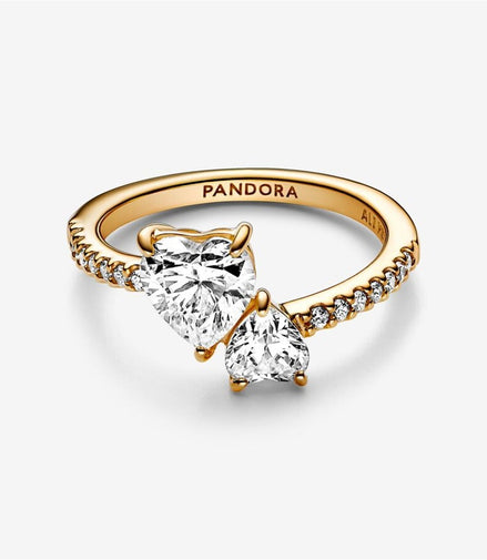 Pandora Timeless Gold Plated Double Heart Sparkling Ring Size 7