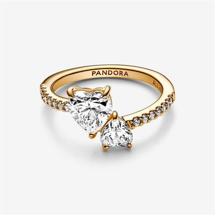 Pandora Timeless Gold Plated Double Heart Sparkling Ring Size 7