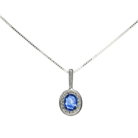14K White Gold Oval Sapphire and Diamond Pendant Necklace