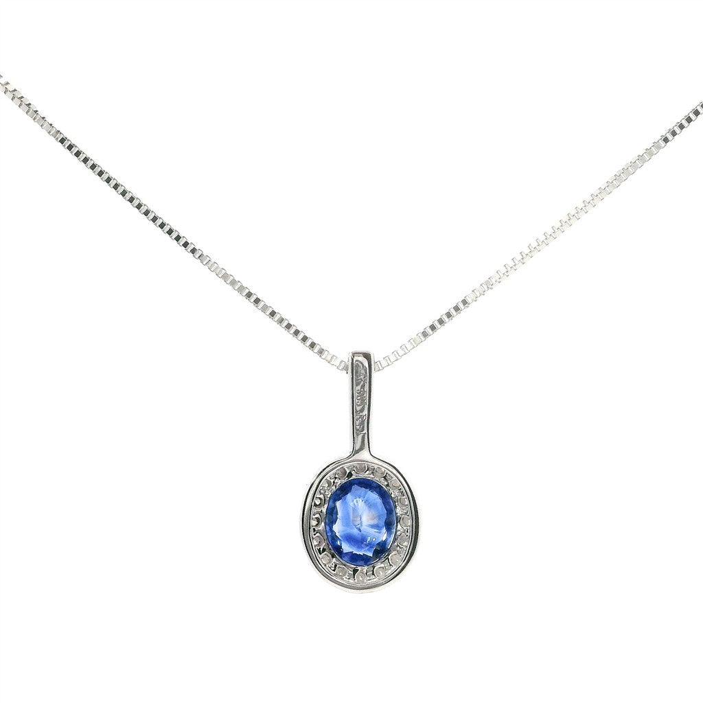 14K White Gold Oval Sapphire and Diamond Pendant Necklace