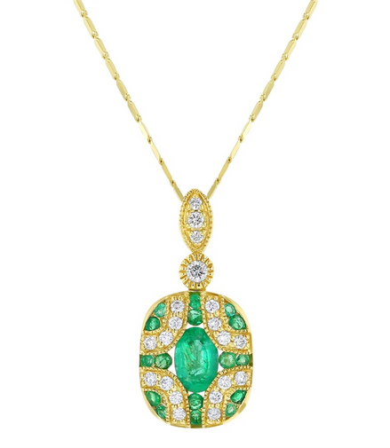 Oro Alexander 14K Yellow Gold Diamond And Emerald Art Deco Necklace