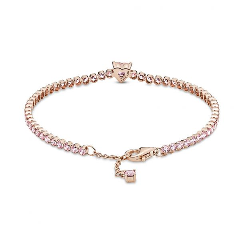 Pandora Timeless Pink Sparkling Heart Tennis Bracelet Size 18