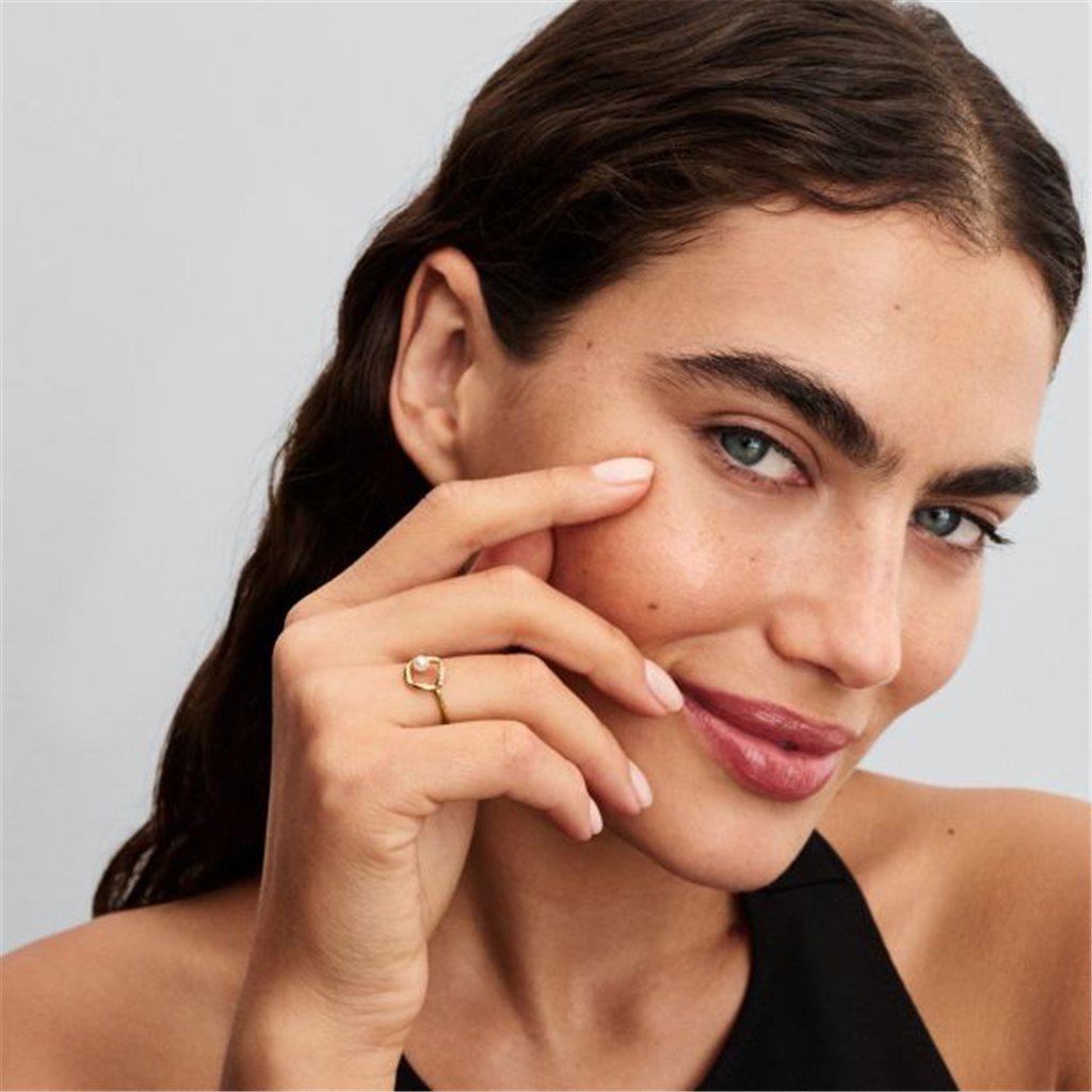 Pandora Essence Organically Shaped Pavé Circle & Cultured Pearl Gold-Plated Ring Size 6