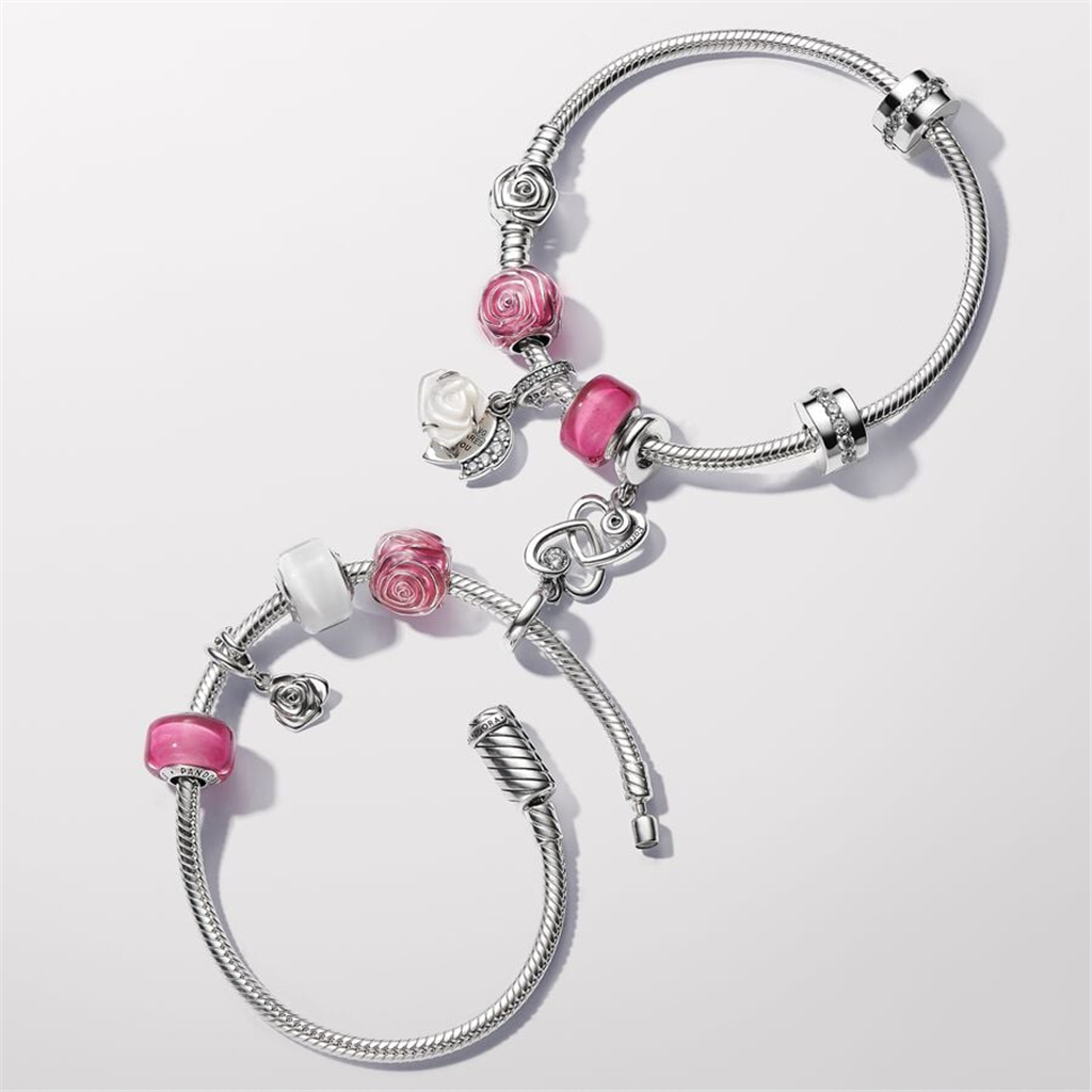 Pandora Moments Rose in Bloom Clasp Snake Chain Bracelet Size 19