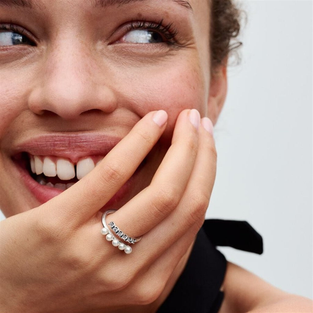 Pandora Timeless Treated Freshwater Cultured Pearls & Pavé Open Ring Size 7
