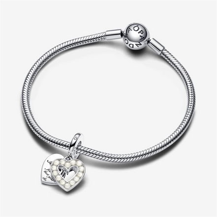 Pandora Moments "Mom"  Pearlescent White Heart Double Dangle Charm