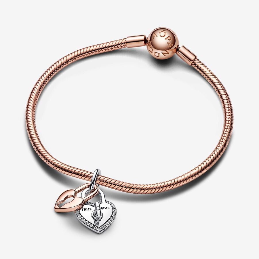 Pandora Moments Two-tone Twistable Heart Padlock Double Dangle Charm