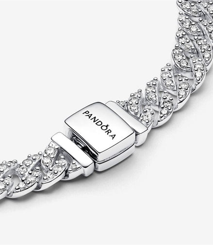 Pandora Timeless Silver Pavé Cuban Chain Bracelet Size 16