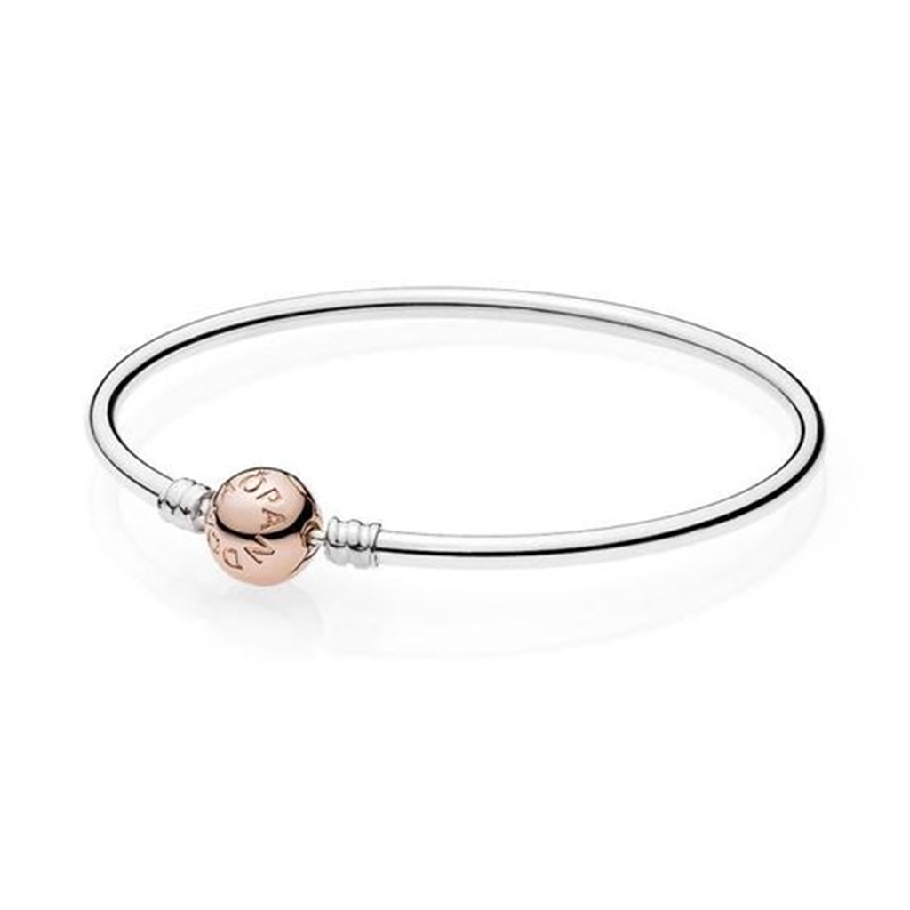 Pandora Moments Silver And Rose Gold Plated Bangle Charm Bracelet Size 17