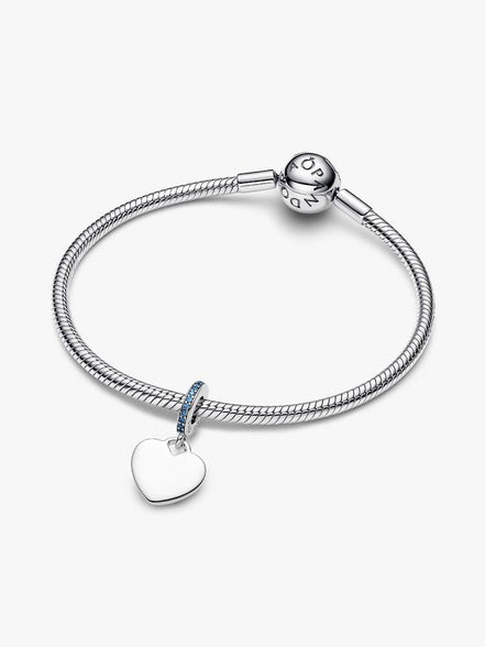 Pandora Moments Sterling Silver Engravable Heart Dangle With Moonlight Blue Crystals Charm
