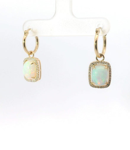 14K Yellow Gold Opal And Diamond Cabochon Drop Dangle Earrings