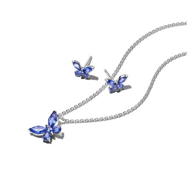 Pandora Sparkling Blue Butterfly Stud Earrings and Pendant Necklace Gift Set