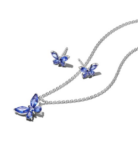 Pandora Sparkling Blue Butterfly Stud Earrings and Pendant Necklace Gift Set