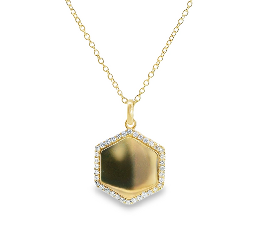 14K Yellow Gold Engravable Hexagon Diamond Pendant Necklace