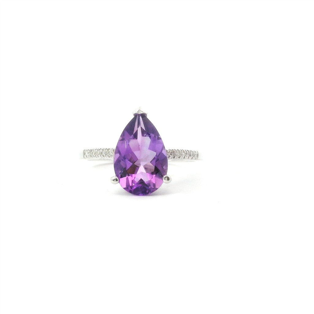 14K White Gold Diamond And Amethyst Pear Fashion Ring