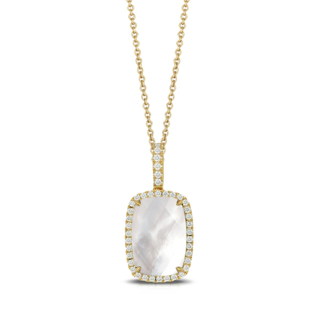 White Orchid Mother of Pearl and Diamond Elongated Pendant Necklace