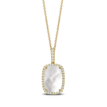 White Orchid Mother of Pearl and Diamond Elongated Pendant Necklace